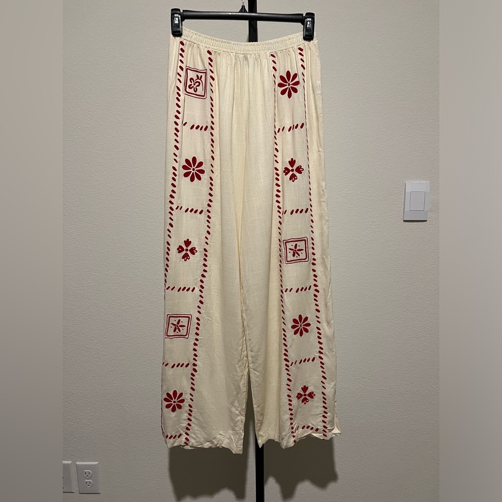 Princess Polly Cream and Red Embroidered Pants